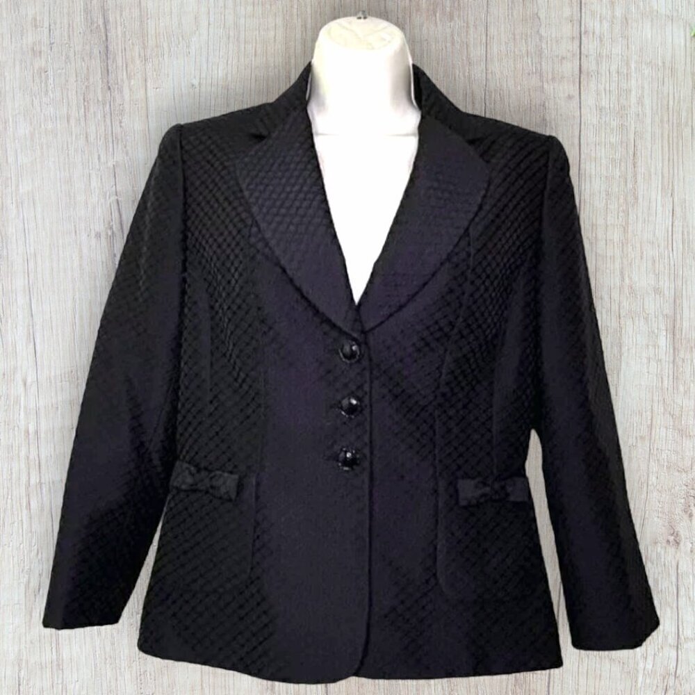 TAHARI Women's Black Textured Bow 3 Button Fitted Fancy Buttons Blazer Jacket 4